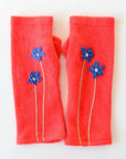 Blue Flower on Coral Cashmere Fingerless Gloves - BESPOKE PROVISIONS INC