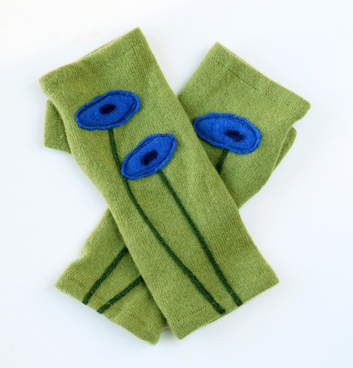 Blue Poppy on Olive Cashmere Fingerless Gloves - BESPOKE PROVISIONS