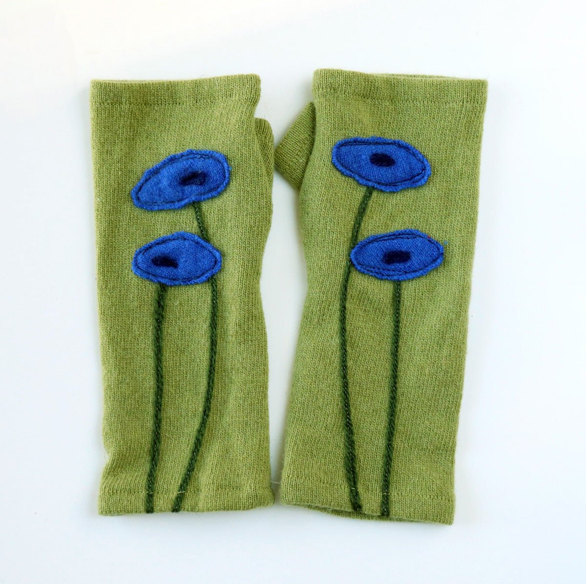 Blue Poppy on Olive Cashmere Fingerless Gloves - BESPOKE PROVISIONS