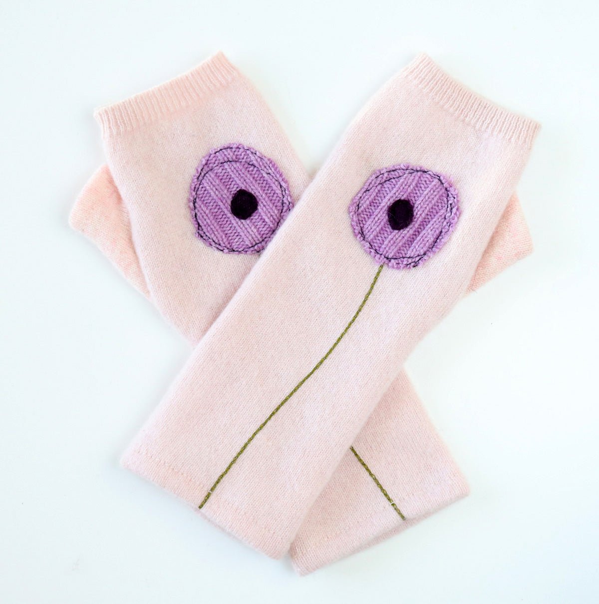 Flower on Baby Pink Cashmere Fingerless Gloves - BESPOKE PROVISIONS INC