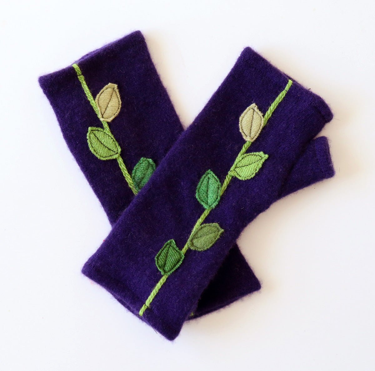 Leaves on Purple Cashmere Fingerless Gloves - BESPOKE PROVISIONS INC