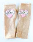 Pink Love on Camel Cashmere Fingerless Gloves - BESPOKE PROVISIONS INC