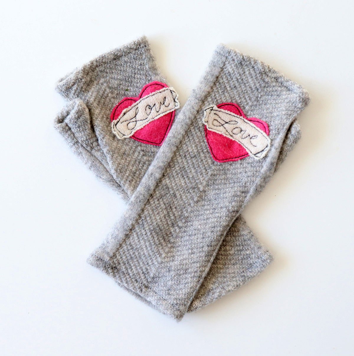 Pink Love on Grey Cashmere Fingerless Gloves - BESPOKE PROVISIONS INC