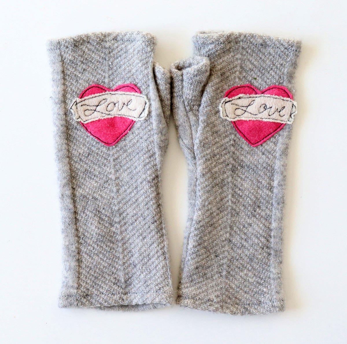 Pink Love on Grey Cashmere Fingerless Gloves - BESPOKE PROVISIONS INC