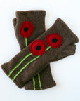 Poppy on Brown Cashmere Fingerless Gloves - BESPOKE PROVISIONS