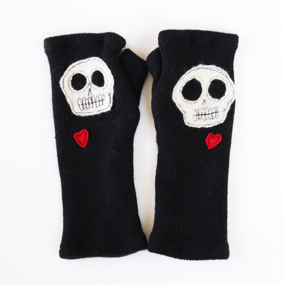 Skulls on Black Cashmere Fingerless Gloves - BESPOKE PROVISIONS