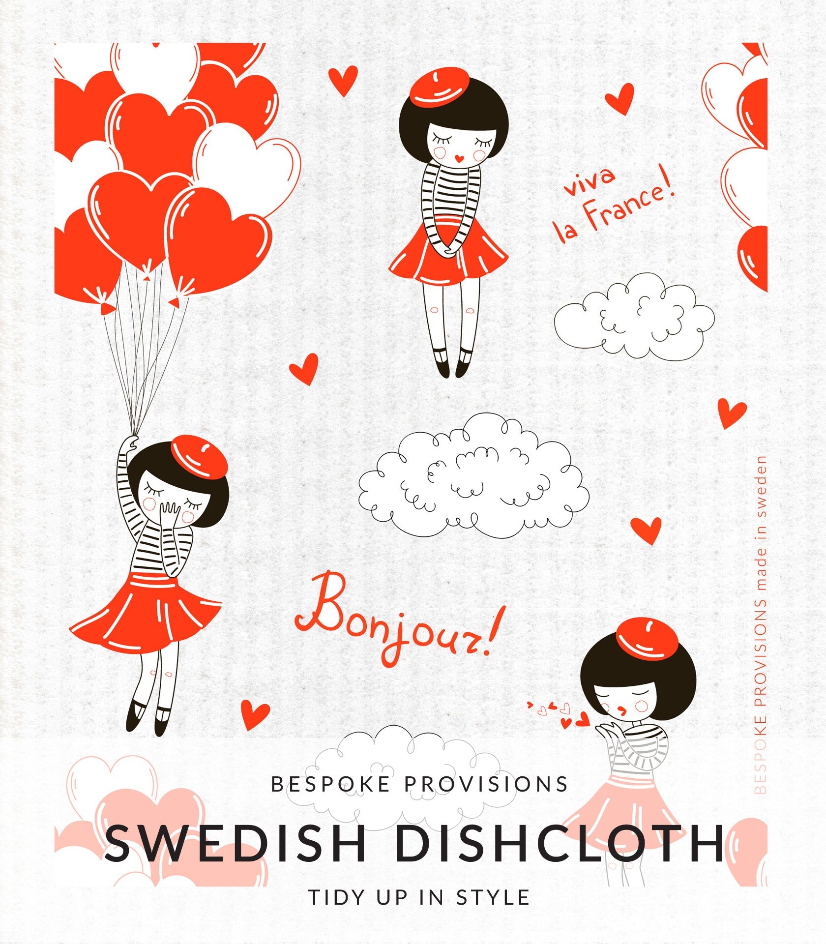 Valentine Hearts and French Girl Swedish Dishcloth Set of 2 - BESPOKE PROVISIONS