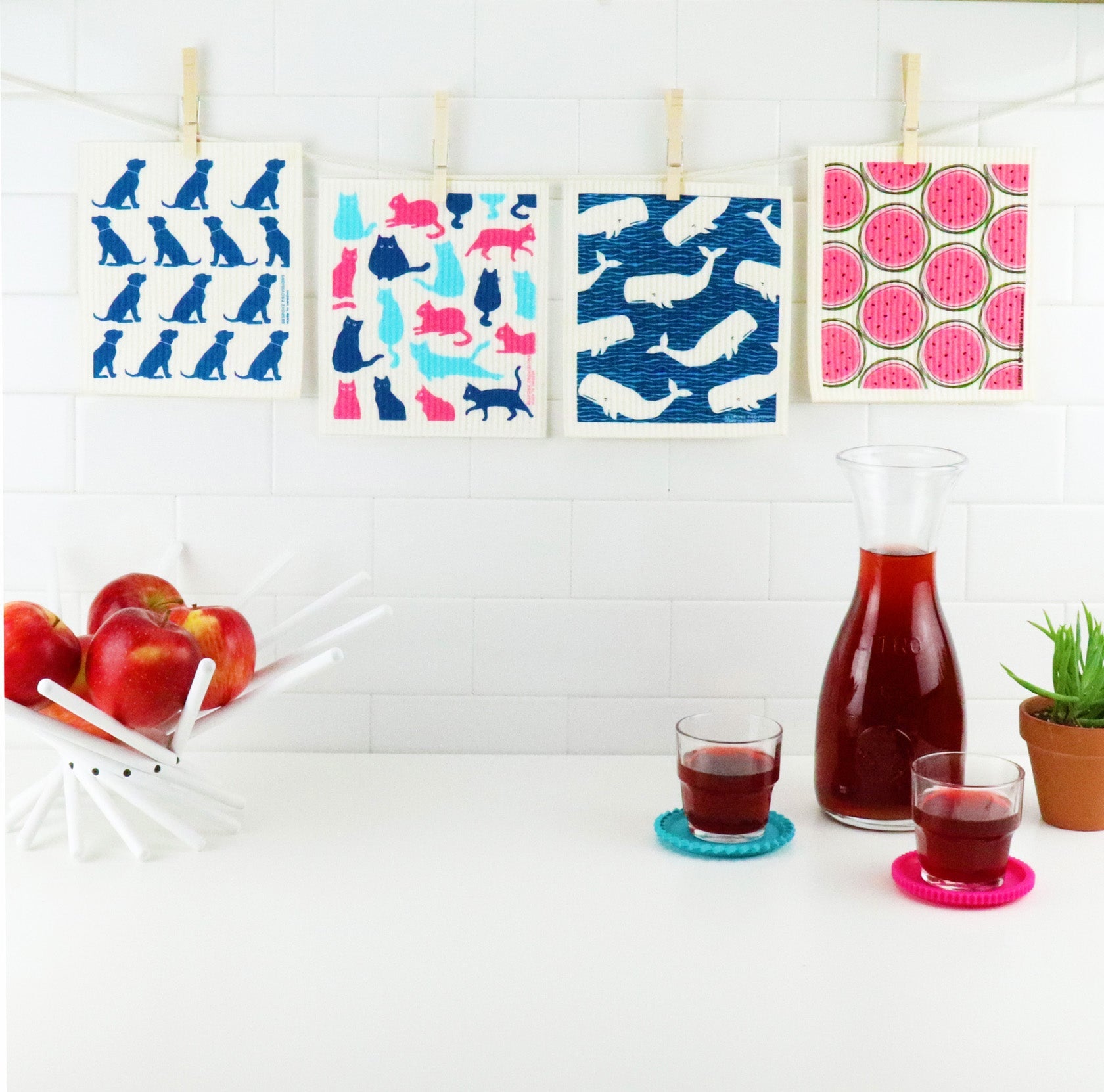 Dogs, Cats, Whales and Watermelon Swedish Dishcloths hanging with clothespins  - BESPOKE PROVISIONS