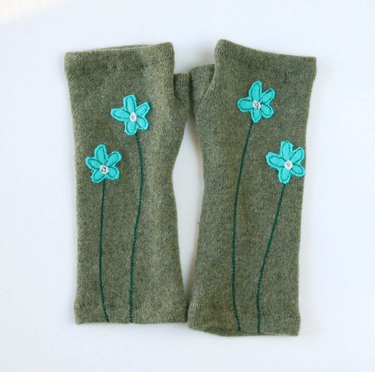 Blue Flower on Olive Cashmere Fingerless Gloves - BESPOKE PROVISIONS INC