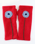 Blue Poppy on Red Cashmere Fingerless Gloves - BESPOKE PROVISIONS
