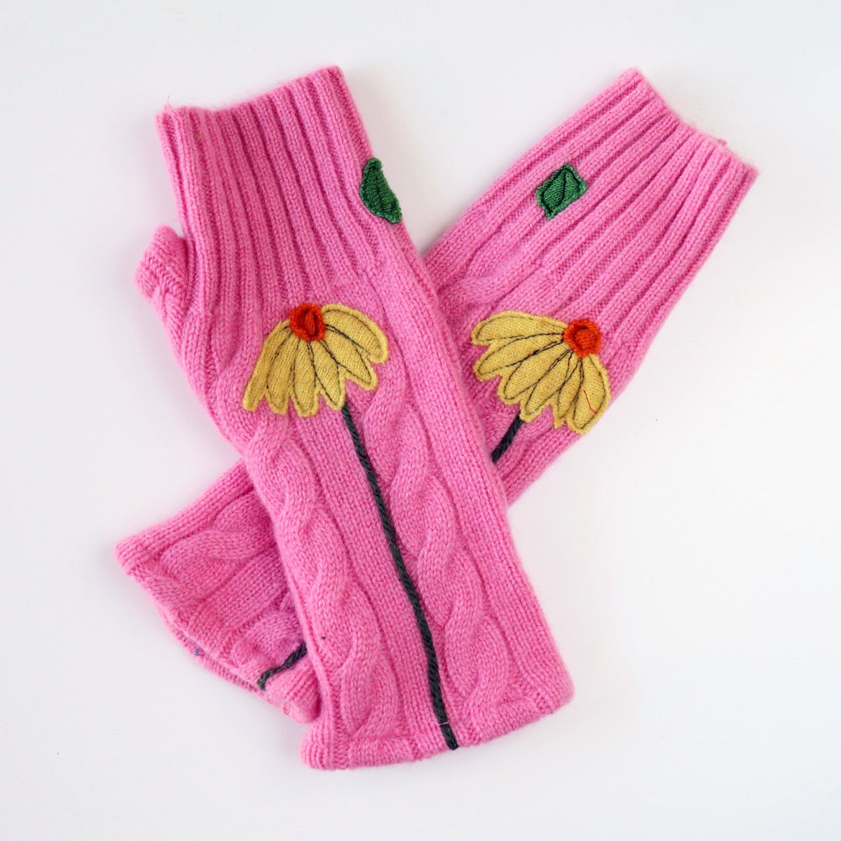 Coneflower on Pink Cashmere Fingerless Gloves - BESPOKE PROVISIONS INC