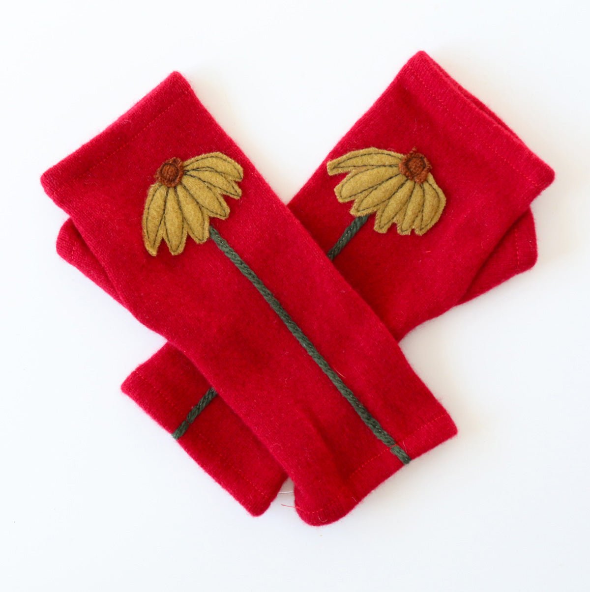 Coneflower on Red Cashmere Fingerless Gloves - BESPOKE PROVISIONS INC