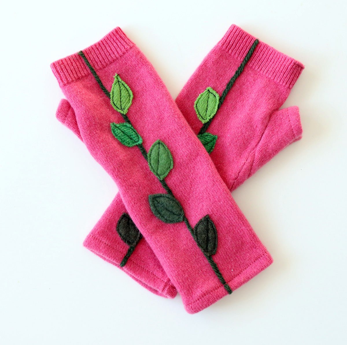 Leaves on Pink Cashmere Fingerless Gloves - BESPOKE PROVISIONS INC