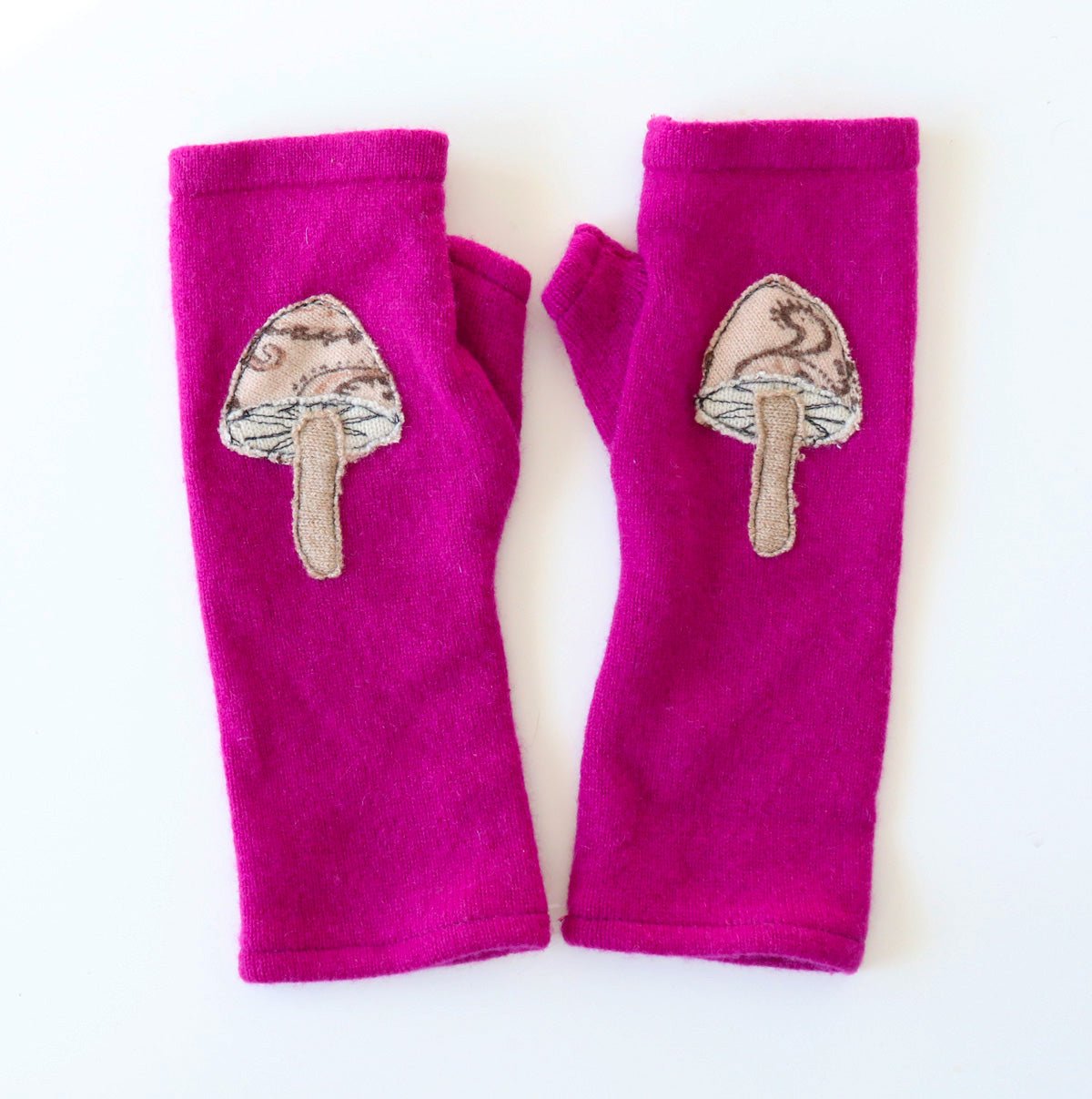 Mushrooms on Pink Cashmere Fingerless Gloves - BESPOKE PROVISIONS INC