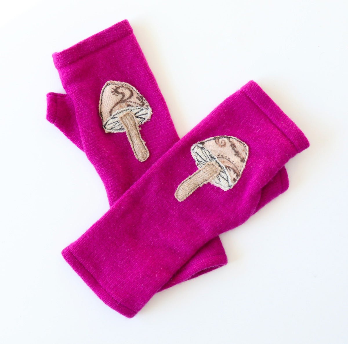 Mushrooms on Pink Cashmere Fingerless Gloves - BESPOKE PROVISIONS INC
