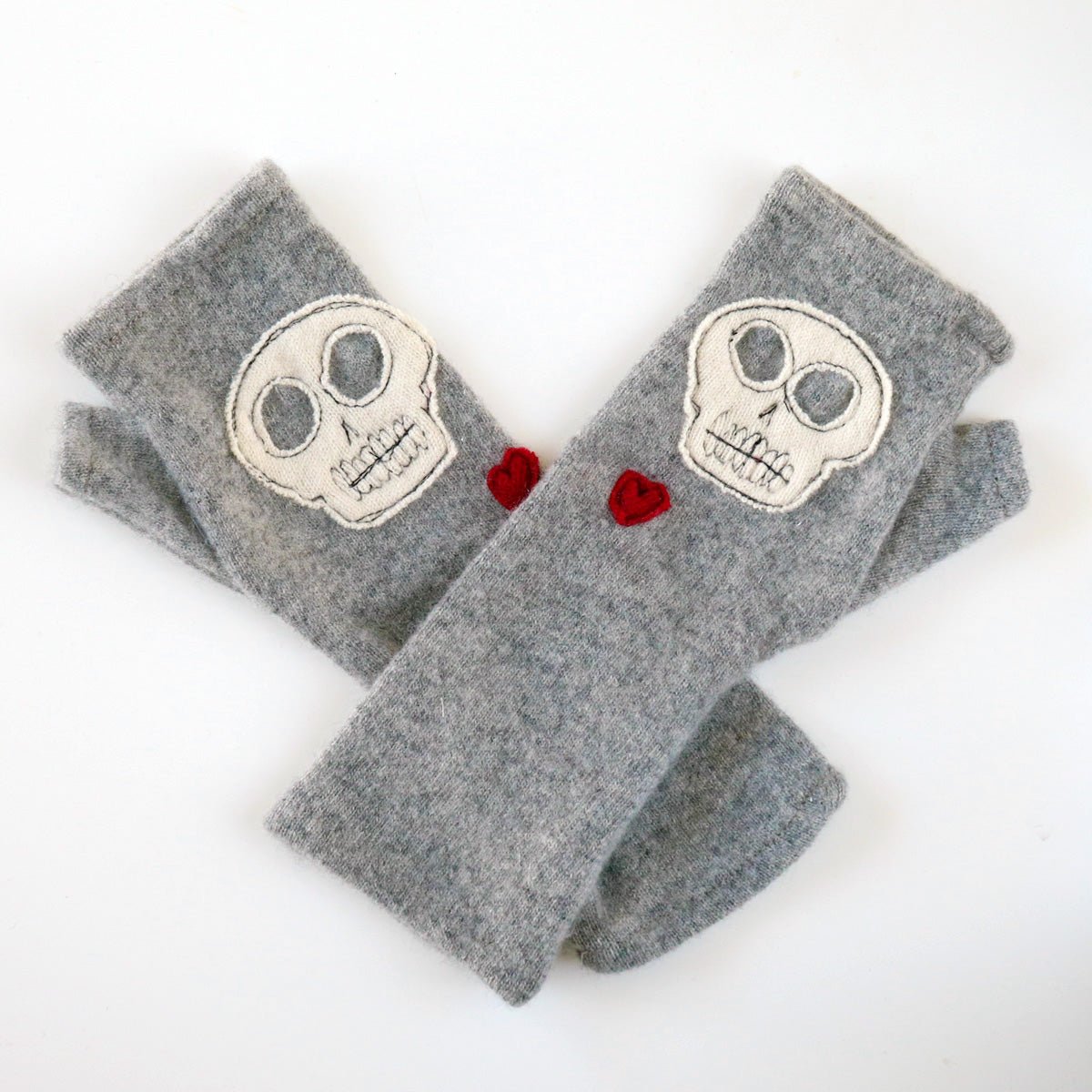 Skulls on Grey Cashmere Fingerless Gloves - BESPOKE PROVISIONS