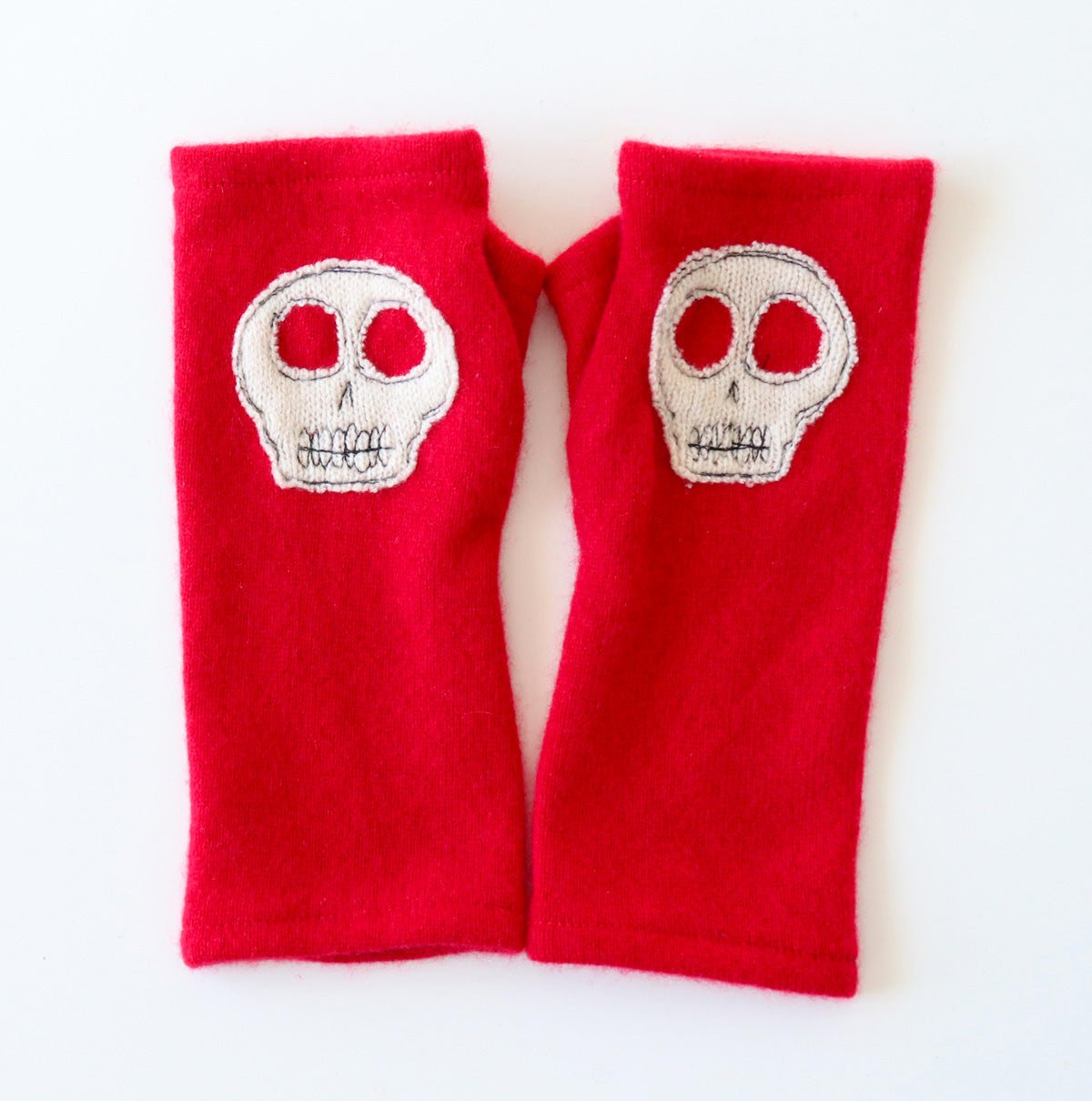 Skulls on Red Cashmere Fingerless Gloves - BESPOKE PROVISIONS