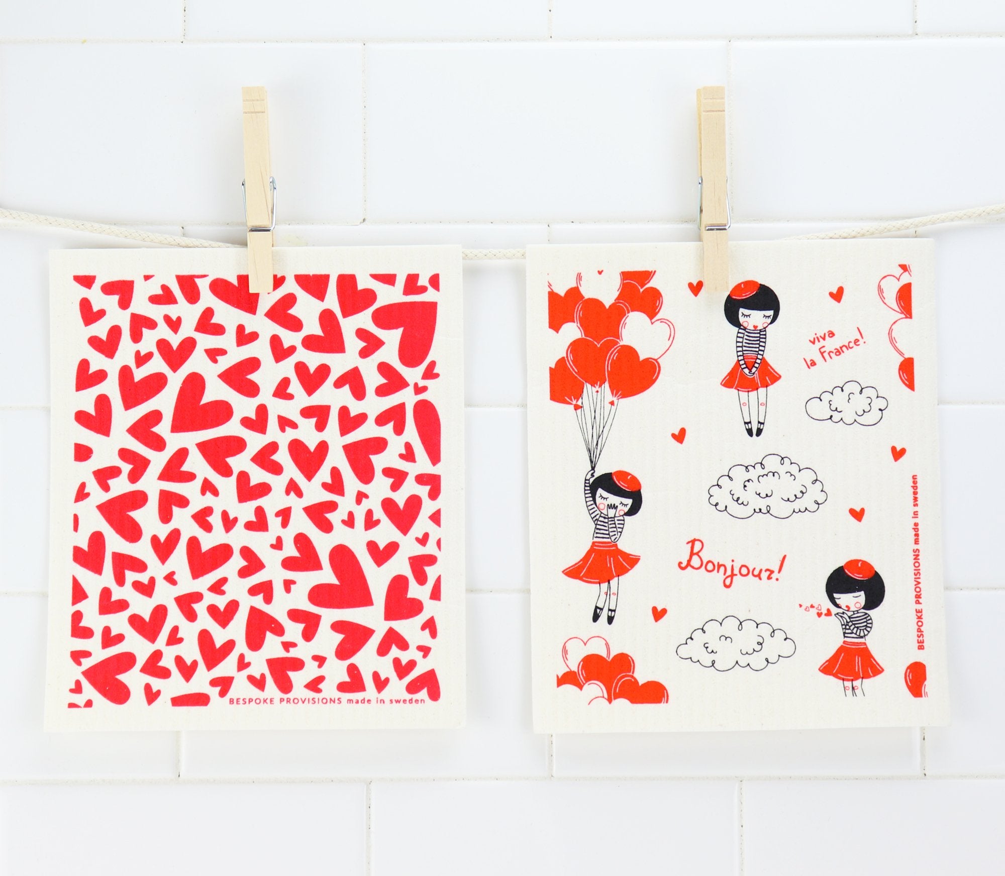Valentine Hearts and French Girl Swedish Dishcloth Set of 2 - BESPOKE PROVISIONS